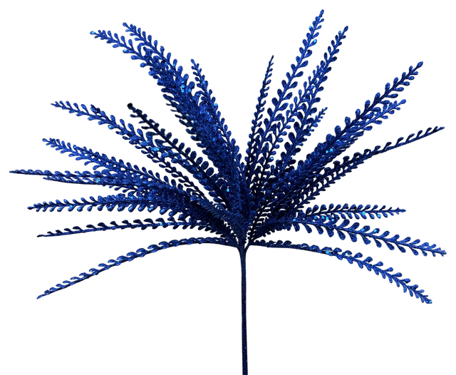 Blue glitter plastic leaves bush with 5 stems, 16 inches tall, artificial greenery for wreath making
