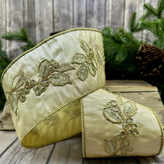 4 inch x 5 yard metallic dupioni gold embroidery holly ribbon in platinum
