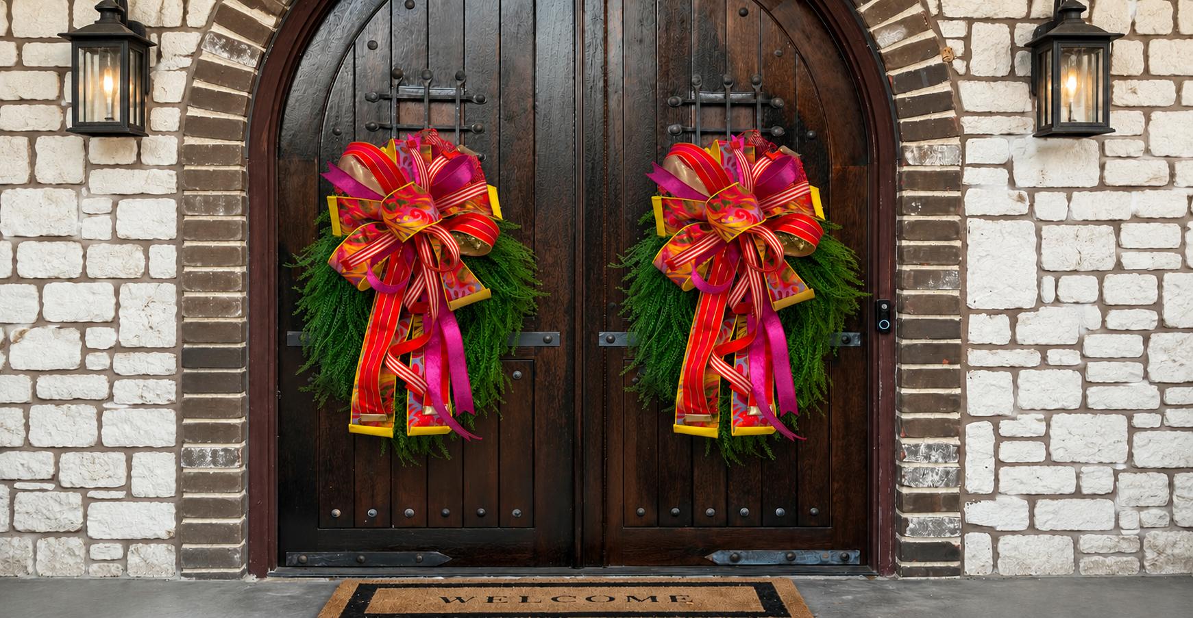 A pair of matching vibrant evergreen wreaths with bold red, fuchsia, gold, and striped ribbon bows displayed on dark rustic wooden double entry doors framed by a stone archway.